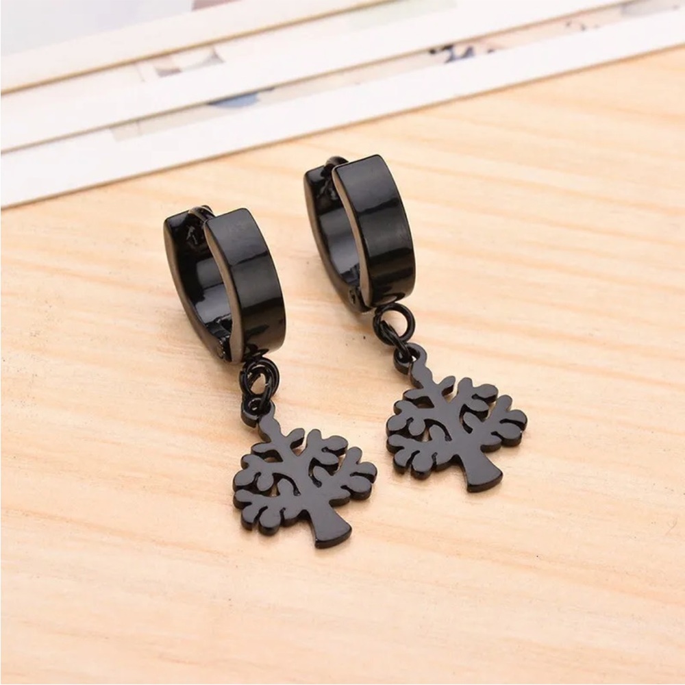Hypoallergenic Stainless Steel Tree of Life Black Earrings NEW